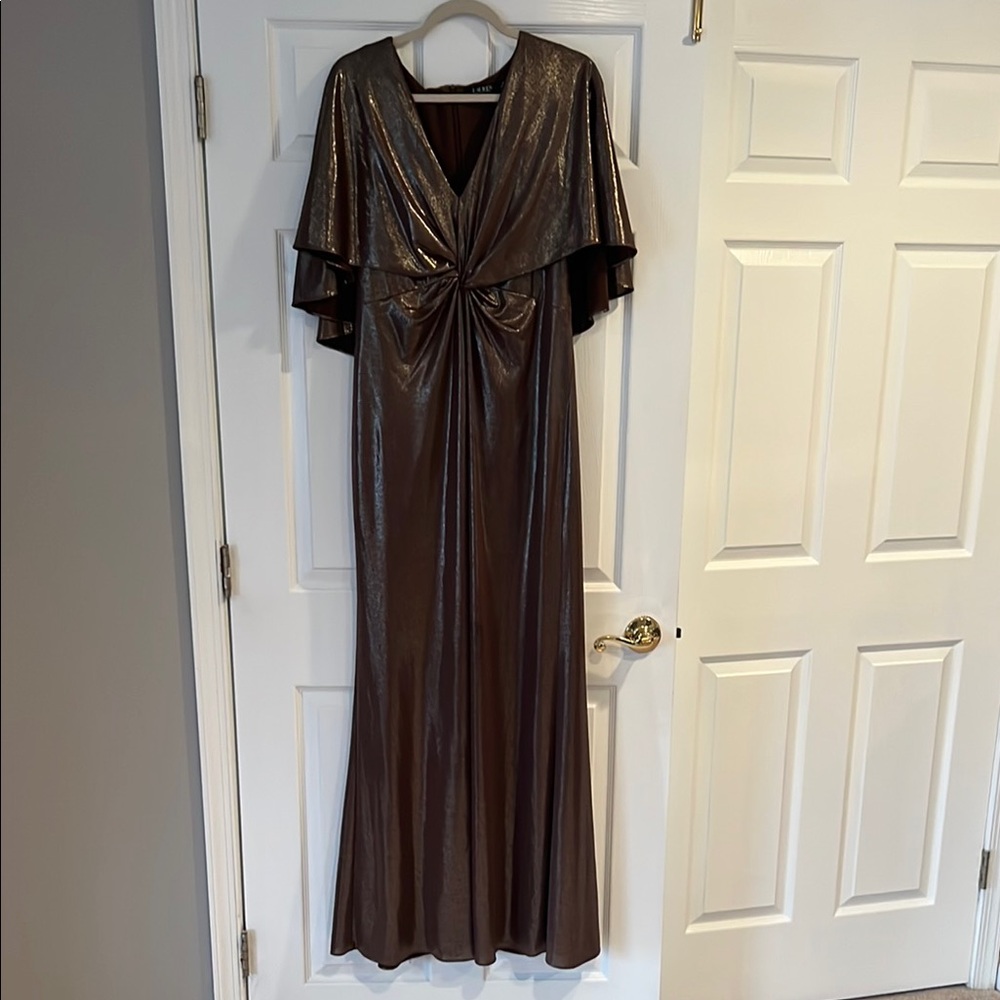 Metallic Brown V-Neck Knot Front Evening Dress